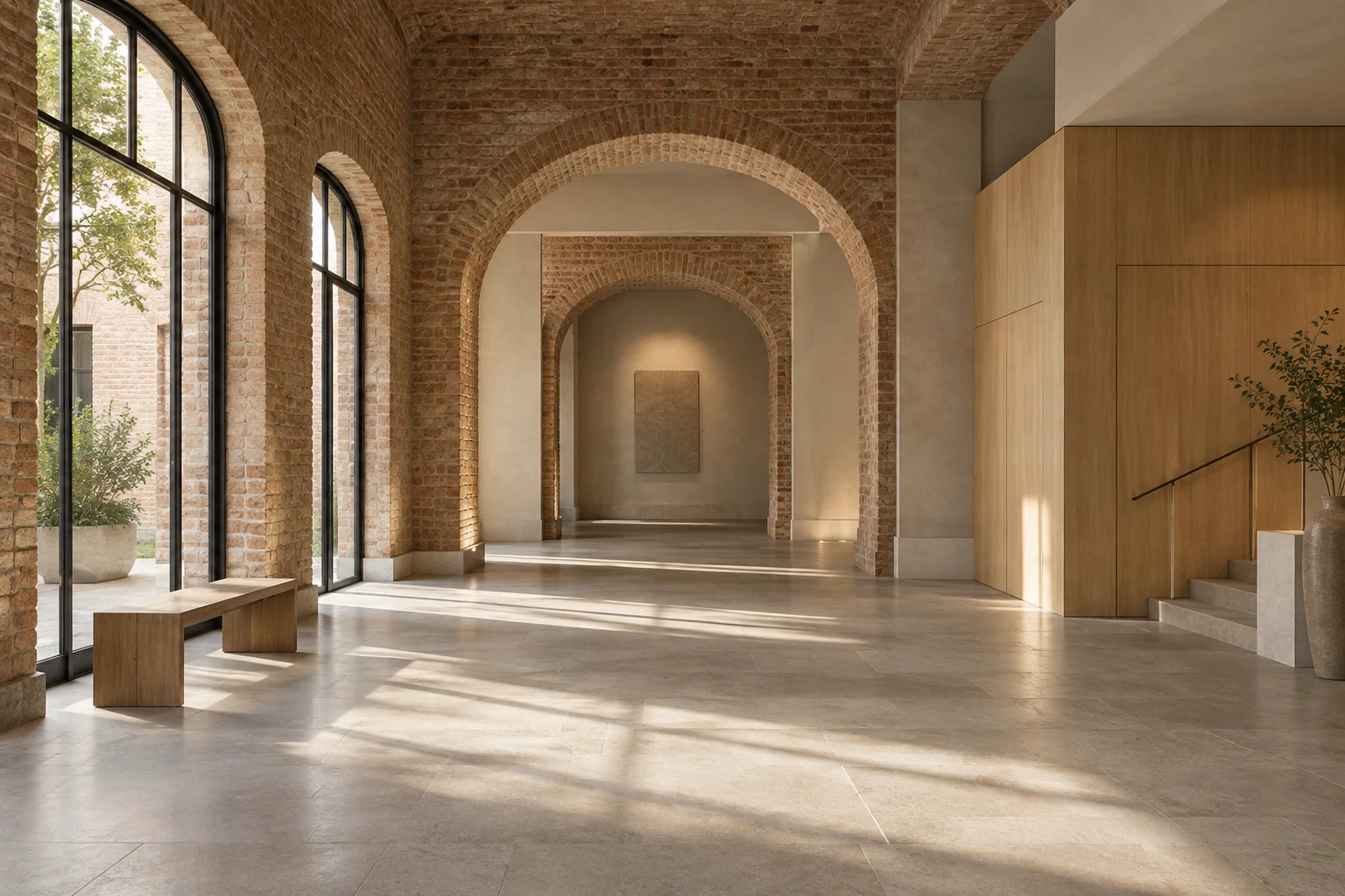 Architekturvisualisierung eines hellen Innenraums mit erhaltenen Ziegelbögen und zeitgemäßen Materialien